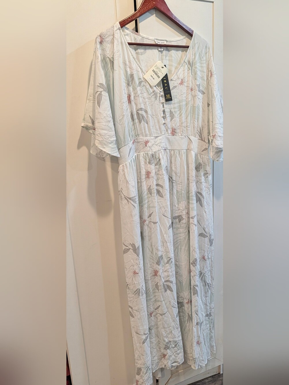 Tribal Floral Maxi Dress in White with Pale Green and Pink Accents